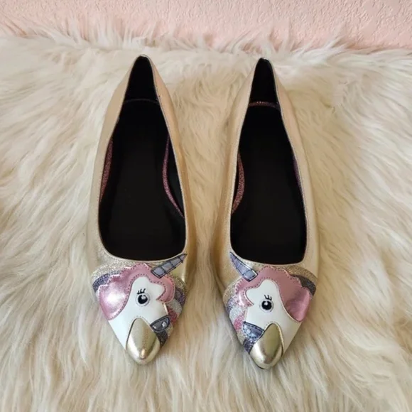 ASOS Loopy Lou Wide Fit Gold Point Toe Unicorn Ballet Flats - Picture 3 of 11